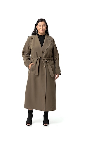Büyük Beden Mono Yaka Kruvaze Kapamalı Yırtmaçlı Astarlı Uzun Haki Trençkot-haki Haki