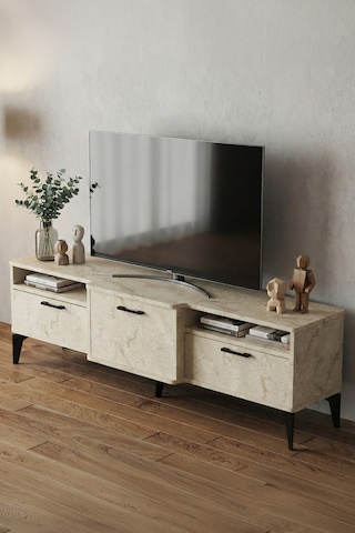 Tv Sehpası 160 Cm Kapaklı Raflı Televizyon Ünitesi Salon Oturma Odası Tv Sehpa Mistral Ekru