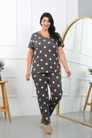 Akbeniz Kadın Büyük Beden Kısa Kol Penye Pijama Takımı Füme 202407-füme Füme
