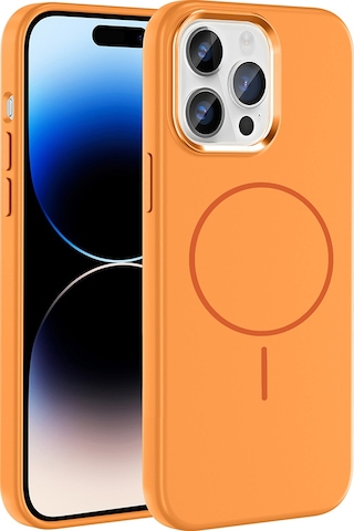 Apple Uyumlu iPhone 14 Pro Max Kılıf M-safe Şarj Özellikli Metal Kamera Çerçeveli Zore Edi Silikon Kapak Turuncu