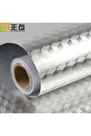 Vkemall Kalın Pvc Mutfak Yağ Önleyici Yapışkanlı Duvar Kağıdı - 40cmx5m Araç Hediyeli Gümüş