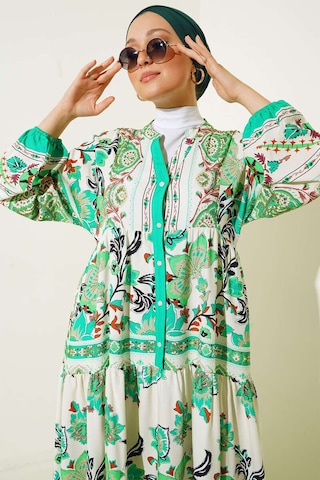 Bigdart 2423 Otantik Desenli Tesettür Elbise - Yeşil