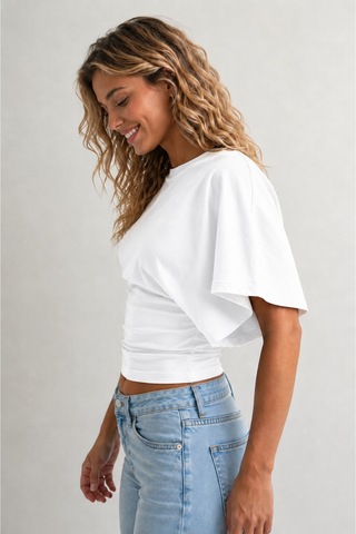 Overmax Bele Oturan Oversize Kollu Premium Crop Bluz Beyaz - 880759104 Beyaz
