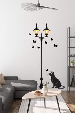 Kedi, Kelebek Ve Sokak Lambası Duvar Sticker Mat Sökülebilir Dekor Çok Renkli