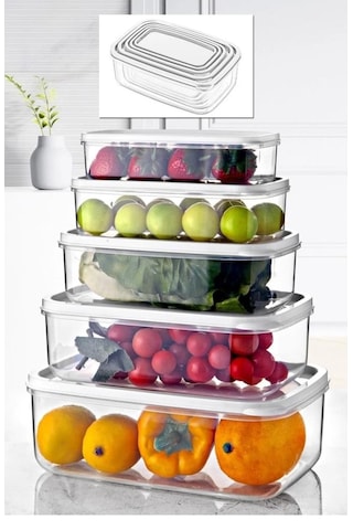 Kapris Dikdörtgen Erzak Saklama Kabı 5'Li Beyaz