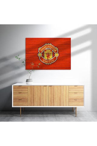 Cakasepetim Kırmızı Boyalı Zeminde Manchester United Logosu Ahşap Mdf Tablo