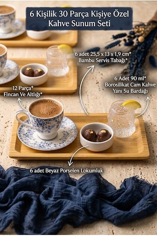 Atbyhome 6 Kişilik 30 Parça Bambu Tepsili Porselen Kahve Fincan Takımı Sunum Seti Kahverengi