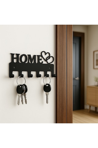 Lunoart Home Yazılı Kalpli Metal Anahtarlık Askısı Duvar Tipi Anahtar Organizer Siyah