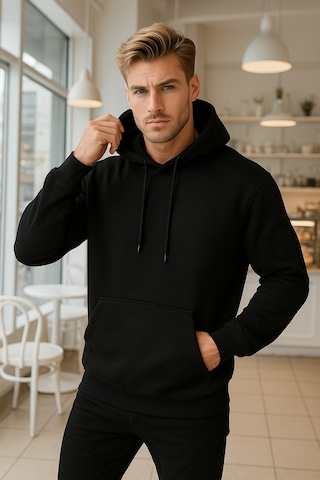 Rich Erkek Siyah Pamuklu Cep Detaylı Kapüşonlu Sweatshirt Siyah