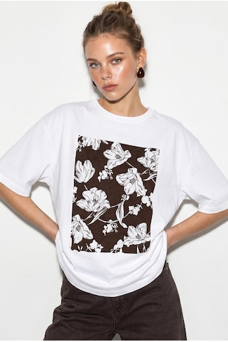 Shade Kadın Bisiklet Yaka Çiçek Baskılı Oversize %100 Pamuklu T-shirt Öt100001 60286273 - Beyaz-kahve Beyaz - Kahverengi