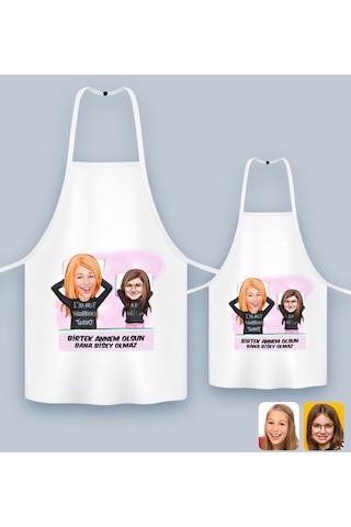 Bk Gift Kişiye Özel İkili Anne Kız Karikatürlü Mutfak Önlüğü Seti-1, Anneye , Anneler Günü leri