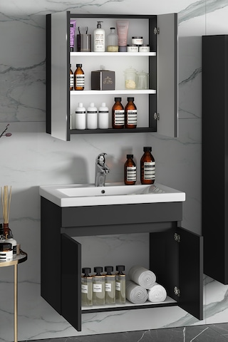 Çiğdem 55+35 Cm Antrasit Gri Mdf Sepetli Asma Banyo Dolabı Takımı Antrasit - Gri
