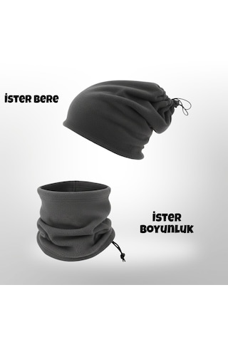Qulothes Termal Polar Soğuk Geçirmez Bere & Boyunluk Unisex Pamuklu Kışlık Ayarlanabilir İpli Bere Gri