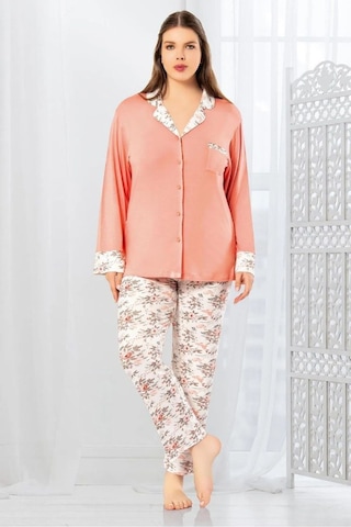 Faal 8803 Kadın Büyük Beden Uzun Kollu Önden Düğmeli Pijama Takım-somon SOMON