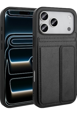 Apple Uyumlu iPhone 17 Pro Kılıf Pu Deri Kartlıklı Zore Sevilla Kapak Siyah