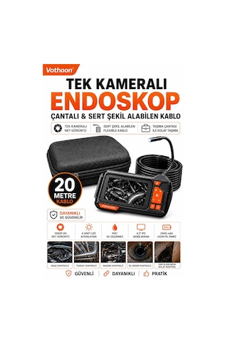 Ekranlı Tek Kameralı 20 Mt Sert Kablo Yılan Endoskop Kamera 8 Mm 4.3 Inc