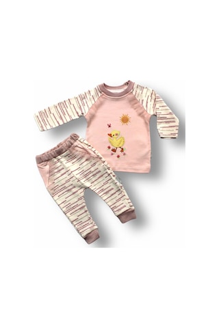0-3 3-6 6-9 Ay Süslü Ördek Nakışlı Uzun Kollu Sweatli 2li Kız Bebek Takımı Pembe
