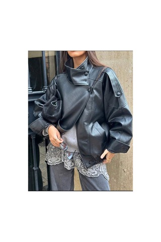Sinemkivanc Co Viral Oversize Kadın Deri Ceket Yüksek Yaka Siyah Urban Style Kadın Deri Ceket Siyah&black Siyah&Black