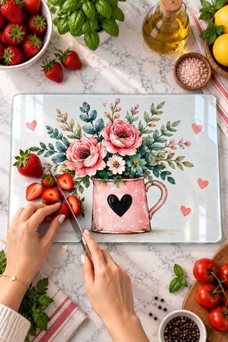 Gökçeoğlu Cam Kesme Tahtası Pembe Kupada Çiçek Temalı - Cam Kesme Tablası 30cm X 40cm Çok Renkli