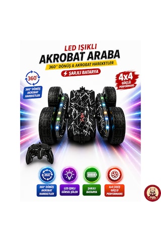 Oyuncak Led Işıklı 360 Akrobat Uzaktan Kumandalı Araba Şarjlı 4x4 Off Road Dublör Oyuncak Araba Siyah