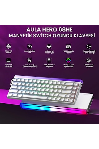 Aula Hero 68 He Manyetik Klavye Rapid Trigger Jade King Switch 8000hz Rgb Neon Tkl Hot Swap Oyuncu Klavyesi Beyaz