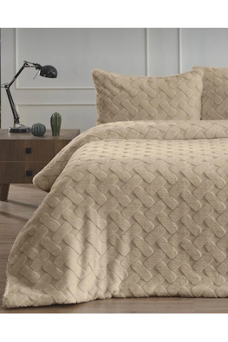 Merinos Diamond Çift Kişilik Yatak Örtüsü Peluş Kürk Yumuşak Comforter Yorgan Seti Bej