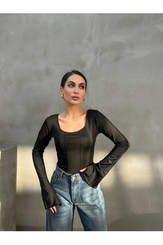 Msm Fashion Kadın Bluz İspanyol Kol Dikiş Ve Bağlama Detaylı Sırt Dekolteli U Yaka Bluz Siyah