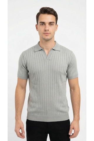 Erkek Polo Yaka Slim Fit Triko Tişört Dikey Çizgili Modern Yazlık Triko Gri