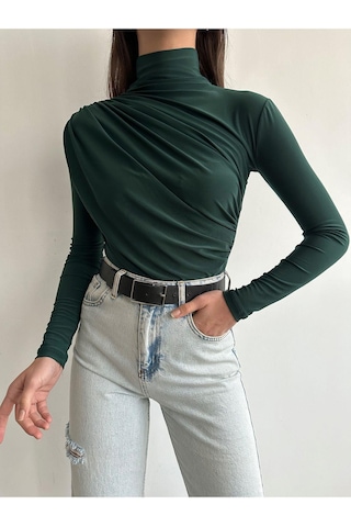 Kadın Büzgü Detaylı Dik Yaka Sandy Bluz Zümrüt