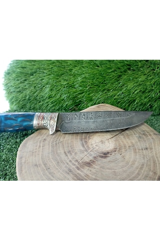 Tctknives Damascus Serisi El Yapımı Şam Çeliği Av Kamp Bıçak Gümüş - Mavi