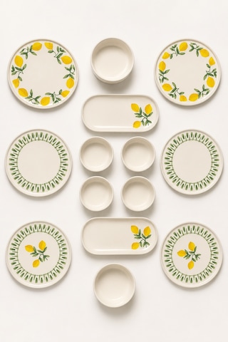 Yeşil Limon 14 Parça 6 Kişilik Handmade Stackable Seramik Tabak Seti Premium Sunum & Kahvaltı Takımı Beyaz