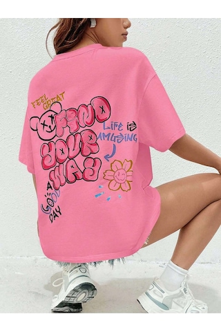 Noıssey Karikatür Ve Grafik Tasarım Oversize T-shirt Cartoon/letter Serisi Kod438 Pembe