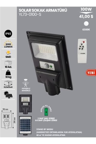 Noas 100w Beyaz Solarlı Sokak Aydınlatması Sensörlü Kumandalı Yl73-0100-s