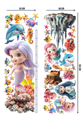 Deniz Kızı Temalı Boy Ölçerli Duvar Sticker Seti - Mat, Sökülebilir, Çocuk Odası Dekoru 01