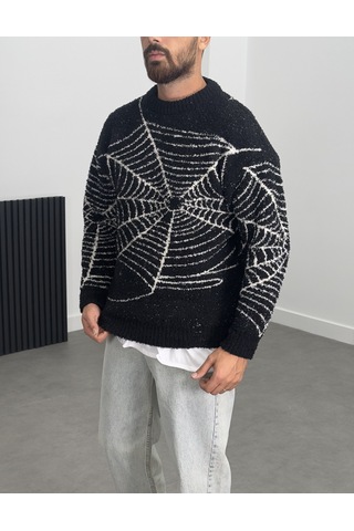 Örümcek Ağı Desenli Siyah Erkek Peluş Sweatshirt Coc1200 Siyah