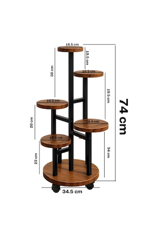 Metal 5 Katlı Tekerlekli Çiçeklik Saksılık Daire Model Dekoratif Bitki Rafı Ahşap