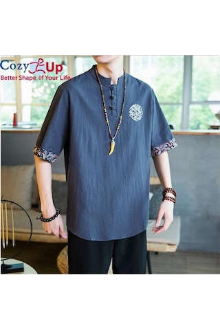 Rahat Up Çin Tarzı 1/2 Kollu Casual Gömlek Erkek İnce Stand Yaka Nakış Pamuk Ve Keten Gri Mavi Gri - Mavi