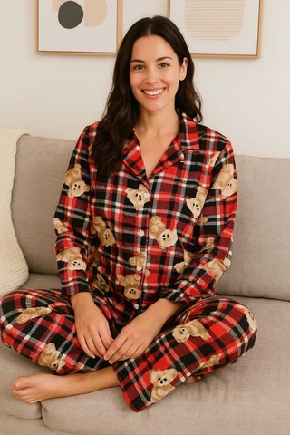 Tenra Kadın Pijama Takımı Boydan Düğmeli Süet Ayıcık Desenli Kırmızı