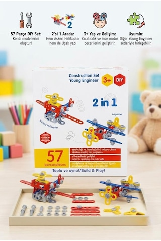 57 Parça 2'si 1 Arada Küçük Mucit Oyun Seti Topla Ve Oyna Helikopter Ve Uçak Oyun Seti