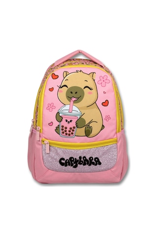 Capybara Pembe - Sarı Kız Çocuk Mutlu Capybara Baskılı İlkokul Okul Sırt Çantası - 6206 Çok Renkli
