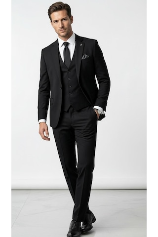 Erkek 3 Parça Slim Fit Takım Elbise Klasik Likralı Kumaş, Tek Düğme, Çift Yırtmaçlı Modern Kesim Ceket Yelek Pantolon Siyah