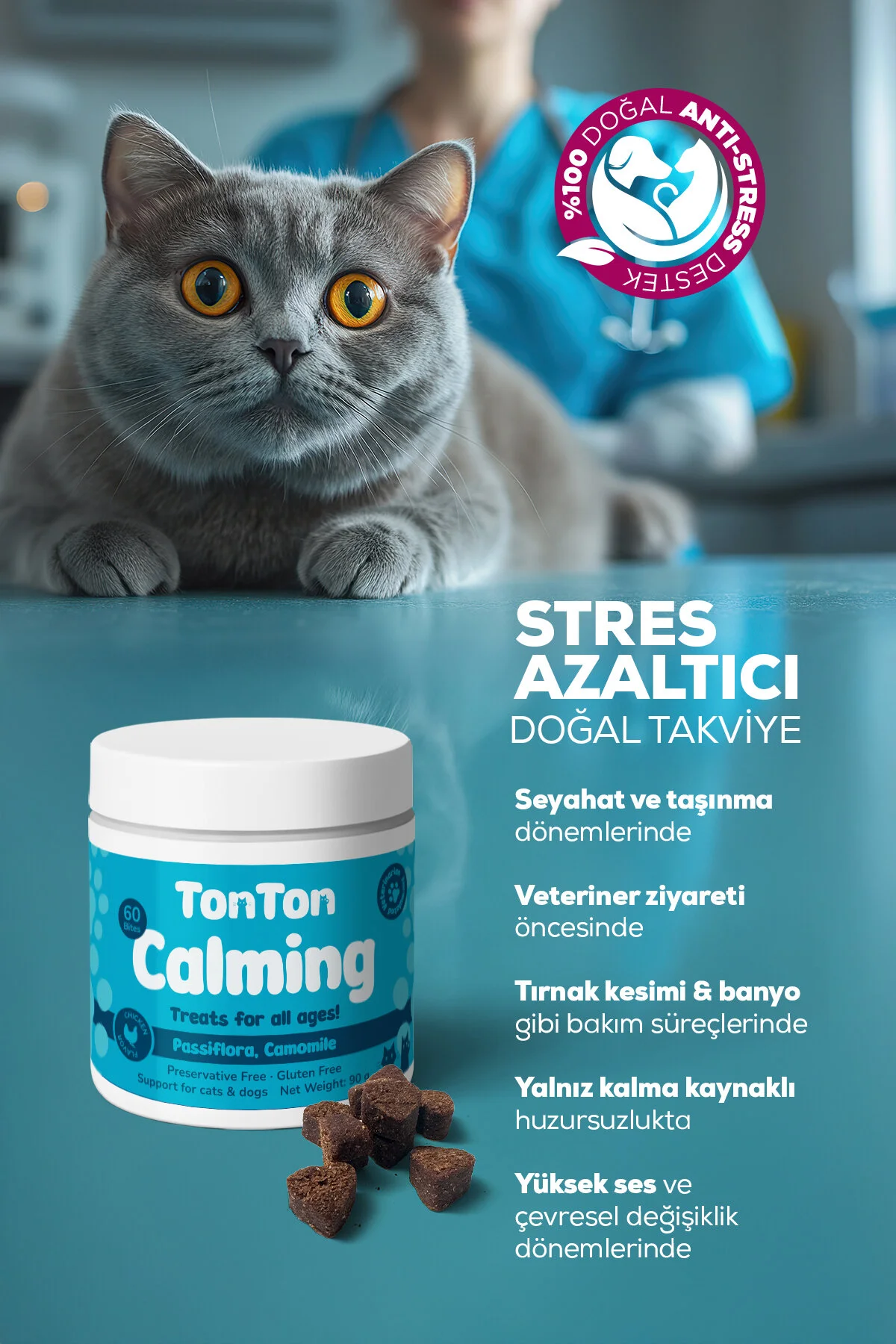 Sakinleştirici Çiğnenebilir Tablet Kedi Köpek İçin 60 Lı Anti Stres Calming Destek