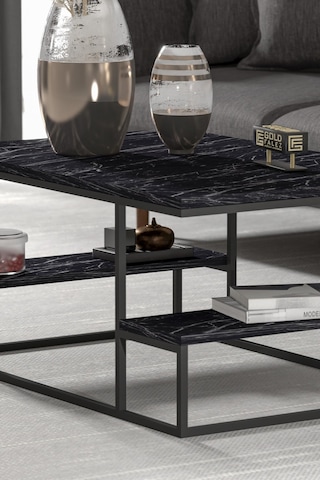 Reyo Falez Deluxe Raflı Orta Sehpa 60x90 Cm Modern Dikdörtgen Orta Sehpa Siyah Mermer Desen