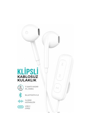 Exenar - Beyaz - Yaka Klipsli Bluetooth Kulaklık Kulakiçi Kablolu Kablosuz Tws Mikrofonlu Yaka Kulaklık Boyun Asmalı