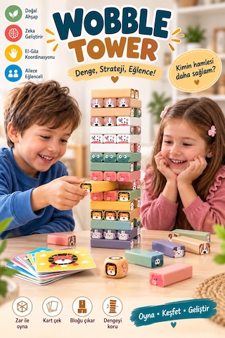 Topbright Wobble Tower Ahşap Denge Kulesi Hayvan Figürlü Eğitici Çocuk Oyunu Kartlı Ve Zarlı
