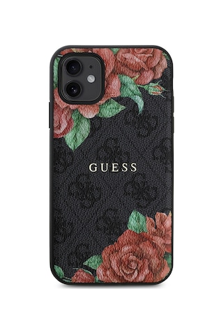 Apple Uyumlu iPhone 11 Kılıf Guess Lisanslı Magsafe Gül Baskılı 4g Desenli Yazı Logolu Kapak Siyah