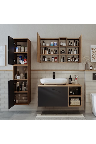 "lavabolu" Mdf 95 Cm Lotus Oval Lavabolu Banyo Dolabı Atlantik Çam - Antrasit