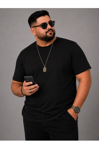 Yuvarlak Yaka Erkek Battal Düz Renk Pamuklu Basic Tshirt Siyah