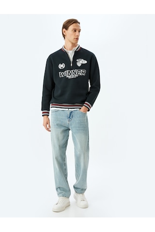 Koton Şardonlu Pamuk Karışımlı Slogan Baskılı Yarım Fermuarlı Sweatshirt Lacivert 5wam70180mk Lacivert