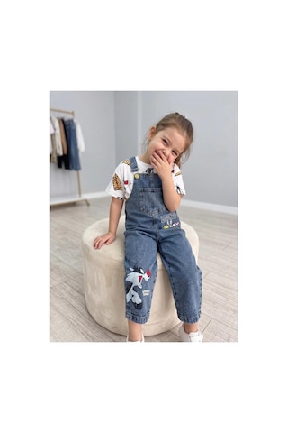 Nota Kids Baskılı Çocuk Kot Salopet Trend 2 Parça Kombin 3-6 Yaş Çok Renkli